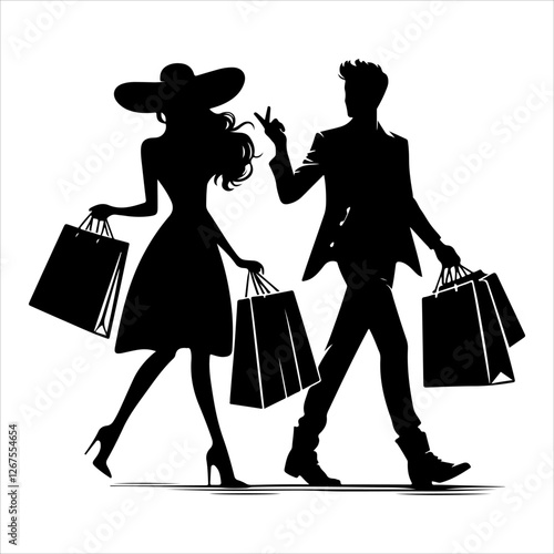 
Shopping silhouette vector. silhouette vector icon. Holding shopping bag with man and woman silhouette illustration