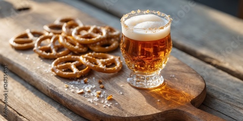 A refreshing glass of amber beer with a head and salted pretzels on a wooden board. photo