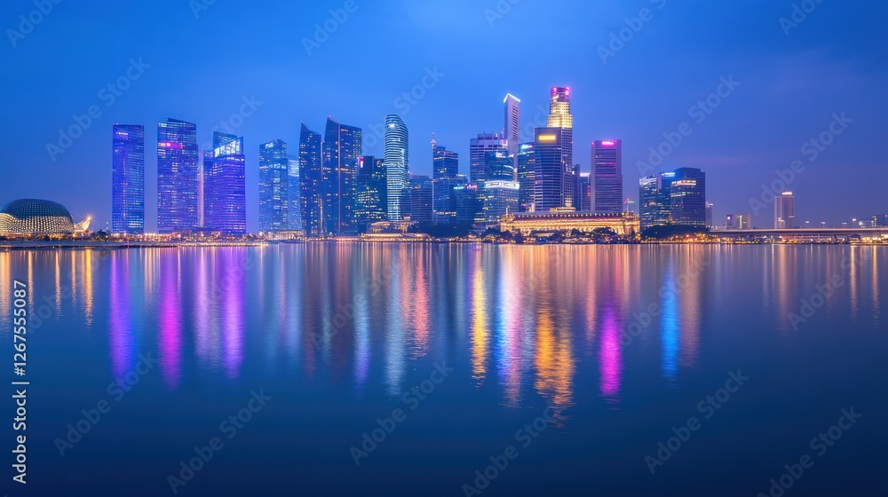 Obraz premium Singapore skyline at dawn, reflected in water, vibrant city lights