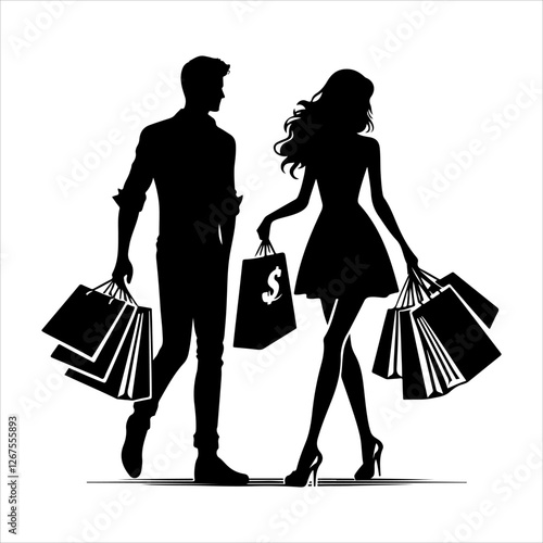
Shopping silhouette vector. silhouette vector icon. Holding shopping bag with man and woman silhouette illustration
