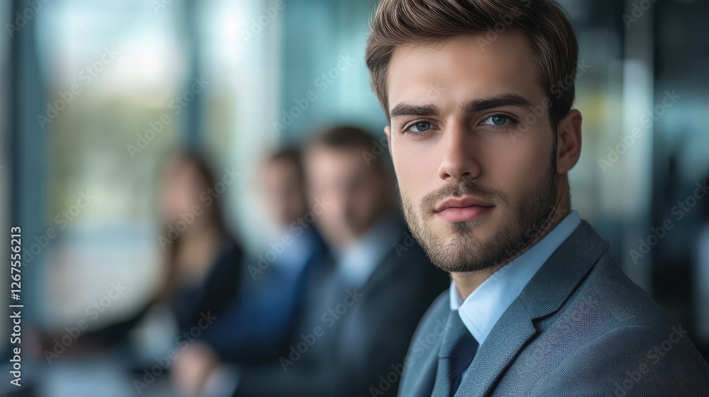 Portrait of a handsome young. business man. on a meeting in offce with colleagues in background Portrait of a handsome young. business man. on a meeting in offce with colleagues in background