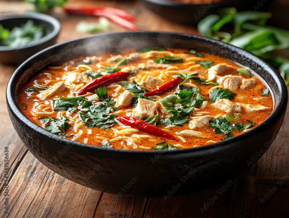 a bowl of hot soup with noodles, chicken, spinach, and red chili peppers, garnished with fresh cilantro. The soup is steaming, indicating it is freshly made. a bowl of hot soup with noodles, chicken, spinach, and red chili peppers, garnished with fresh cilantro. The soup is steaming, indicating it is freshly made.