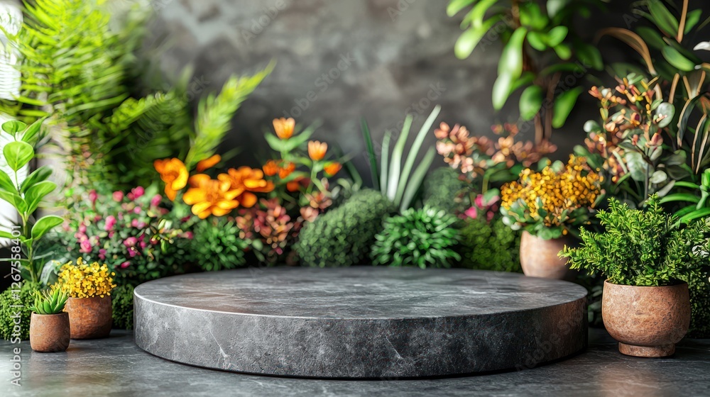 Round marble podium, lush plants, flowers, dark wall, display background Round marble podium, lush plants, flowers, dark wall, display background