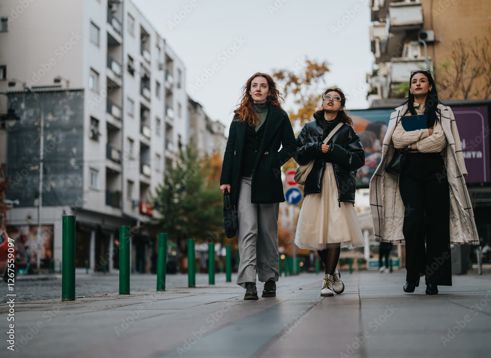 Three fashionable women walking side by side in a city, exuding confidence, style, and camaraderie, with a backdrop of urban architecture showcasing individuality and modern street wear. Three fashionable women walking side by side in a city, exuding confidence, style, and camaraderie, with a backdrop of urban architecture showcasing individuality and modern street wear.