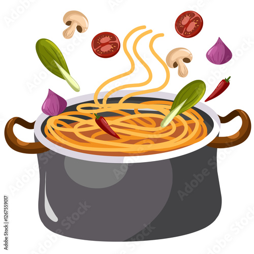 Illustration of a soup pot filled with noodles and vegetables and herbs