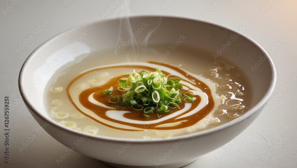 Bowl of sizzling egg drop soup garnished a swirl of sesame oil and fresh green onions. Bowl of sizzling egg drop soup garnished a swirl of sesame oil and fresh green onions.