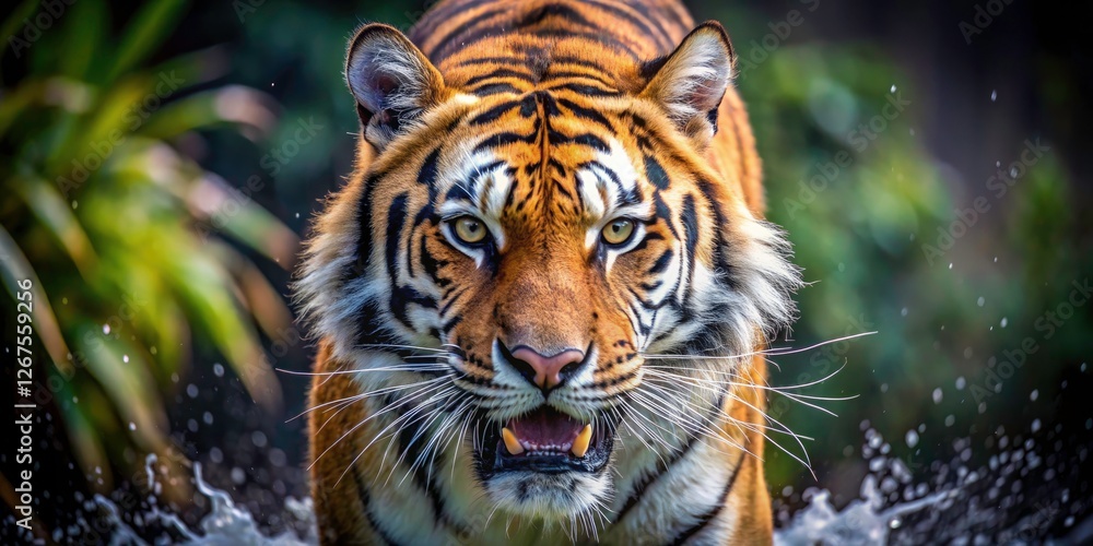 Fototapeta premium Wild Bengal tiger's ferocious attack: a dangerous, stunning wildlife image showcasing the big cat's untamed fury.
