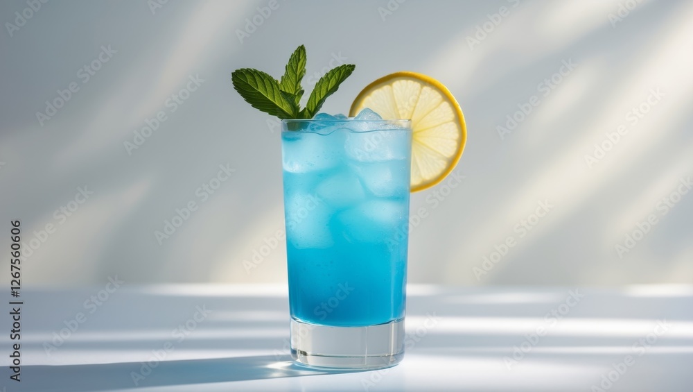 Blue kamikaze drink in tall glass garnished with mint and lemon slice. Blue kamikaze drink in tall glass garnished with mint and lemon slice.