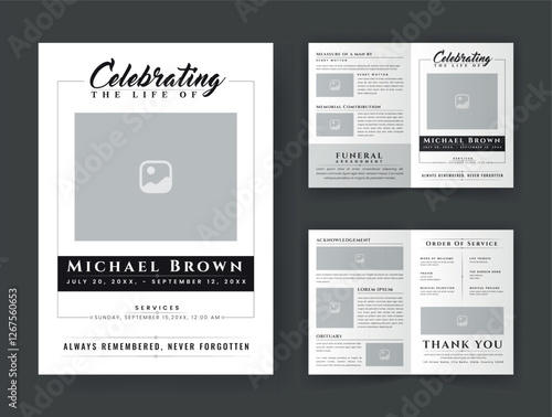 Funeral  Template for Memorial Program. Minimalist Bifold Brochure Design Layout.