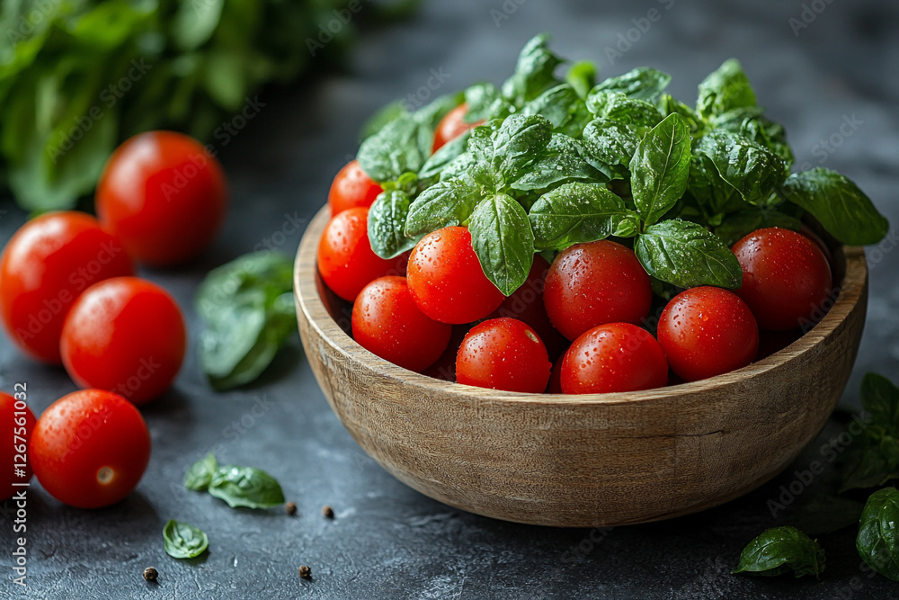 Bowl of Vibrant Cherry Tomatoes and Fresh Basil on Rustic Surface Bowl of Vibrant Cherry Tomatoes and Fresh Basil on Rustic Surface