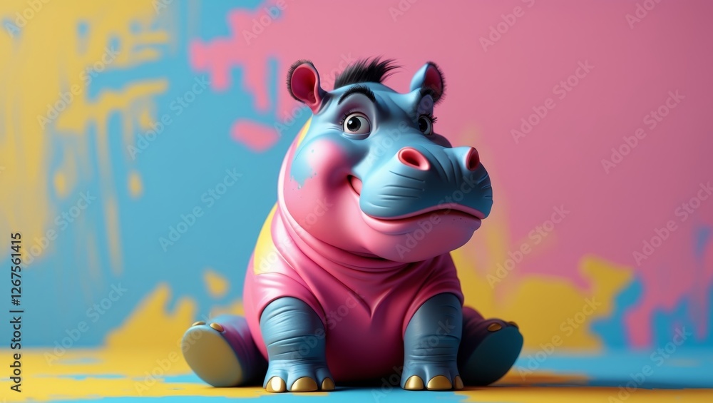 Fototapeta premium A Stylized Cartoon Hippo Positioned Amidst a Bright and Cheerful Backdrop of Vibrant Colors.