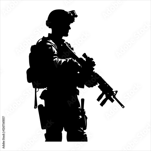 Soldier silhouette vector. Silhouette of army military with machine guns vector  