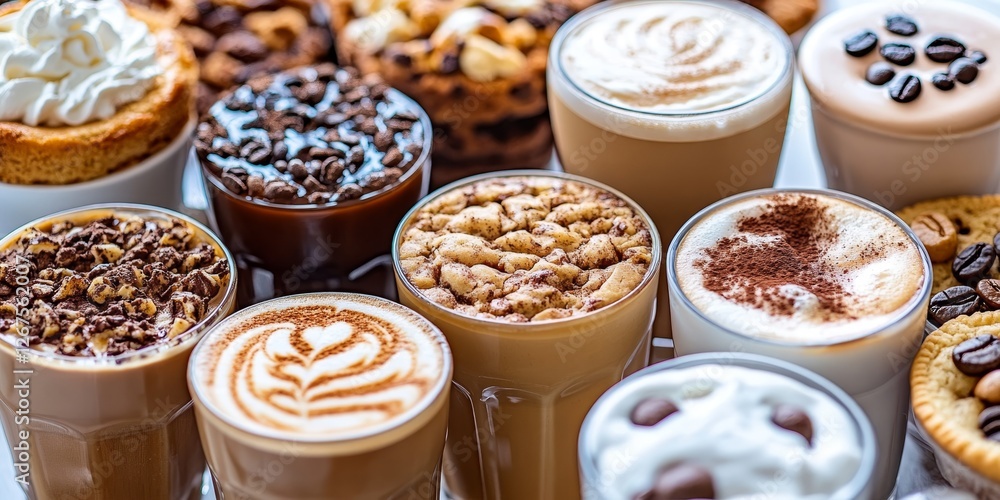 Assortment of Coffee Beverages and Desserts. Top View. Latte, Cappuccino, Espresso, Americano Assortment of Coffee Beverages and Desserts. Top View. Latte, Cappuccino, Espresso, Americano