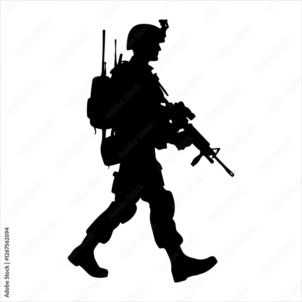 Soldier silhouette vector. Silhouette of army military with machine guns vector Soldier silhouette vector. Silhouette of army military with machine guns vector