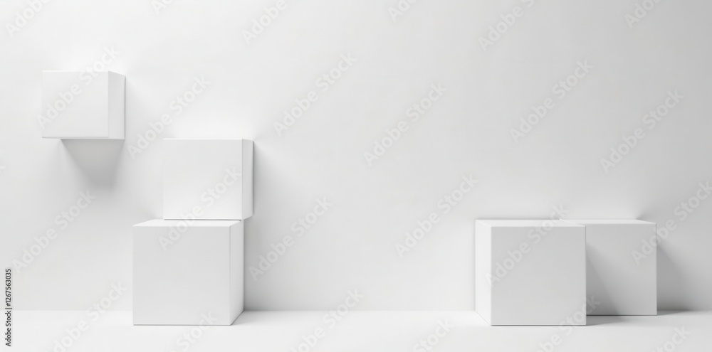 White cube boxes in random arrangement on a minimalist background, geometric, minimalist, white White cube boxes in random arrangement on a minimalist background, geometric, minimalist, white
