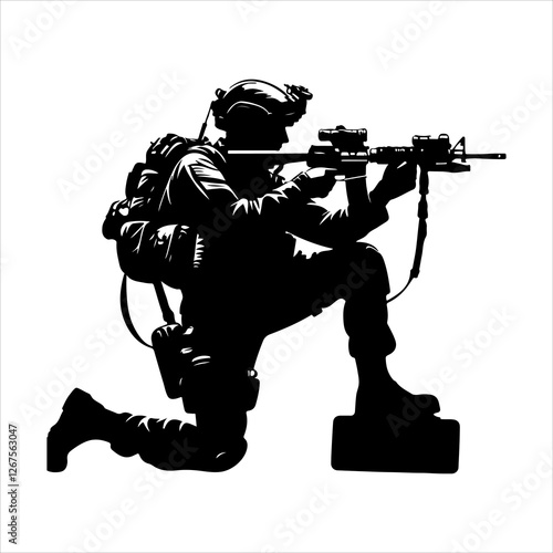 Soldier silhouette vector. Silhouette of army military with machine guns vector  