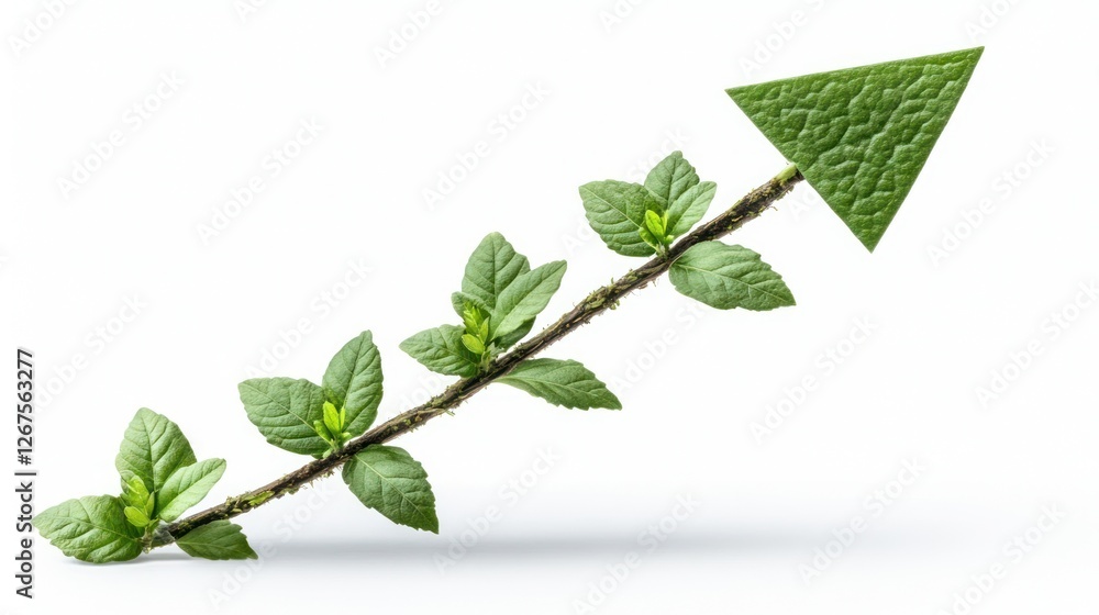 Fototapeta premium Green arrow plant growth; nature's upward trend; white background; eco-friendly concept