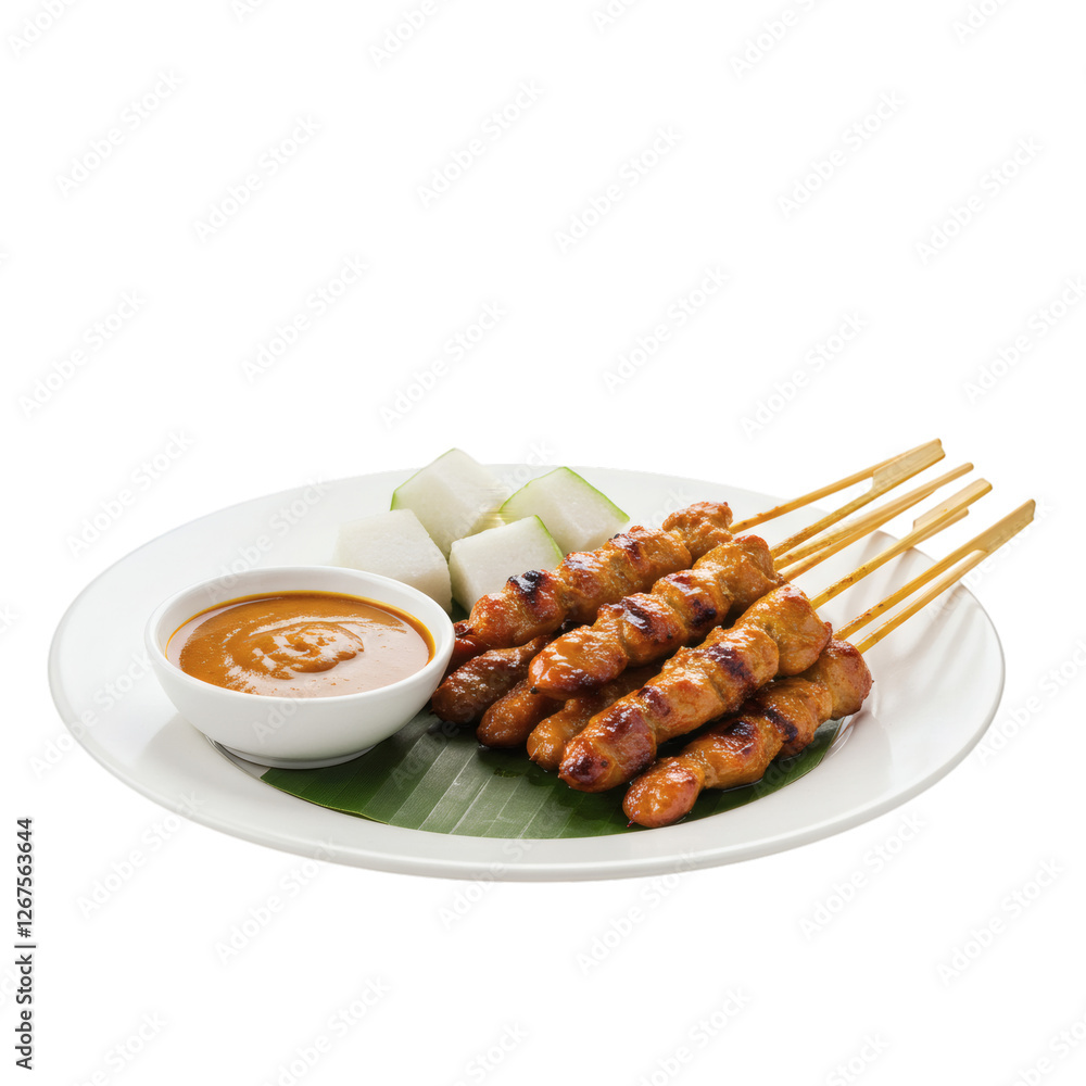Delicious Chicken Satay with Peanut Sauce. Isolated on Transparent Background. Delicious Chicken Satay with Peanut Sauce. Isolated on Transparent Background.