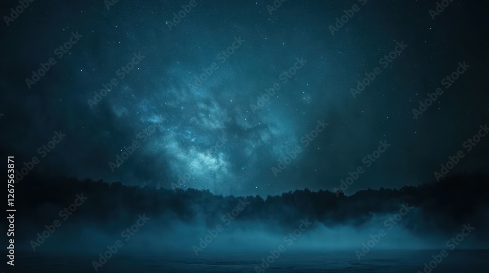Fototapeta premium Night sky, starlit clouds over misty forest, serene landscape, background image