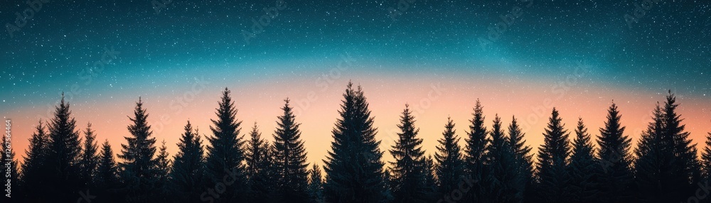 Serene Forest Silhouette Under Starry Night Sky with Colorful Horizon in Twilight Serene Forest Silhouette Under Starry Night Sky with Colorful Horizon in Twilight