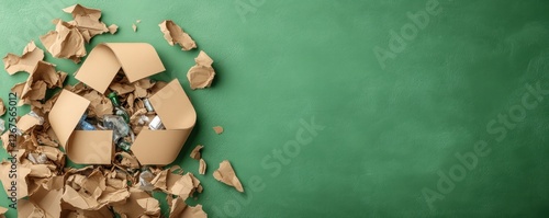 Promote environmental responsibility with this eye-catching image of a Recycling symbol cut out of kraft paper on a green background, embodying waste management and sustainability Ideal for