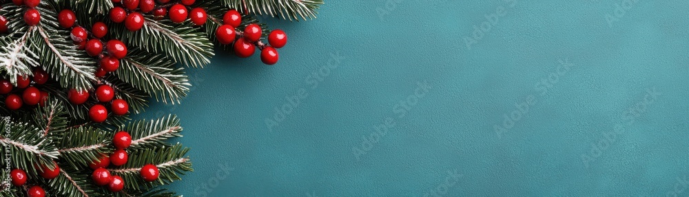 Festive Holiday Decoration with Spruce Branches and Vibrant Red Berries on Turquoise Background Festive Holiday Decoration with Spruce Branches and Vibrant Red Berries on Turquoise Background