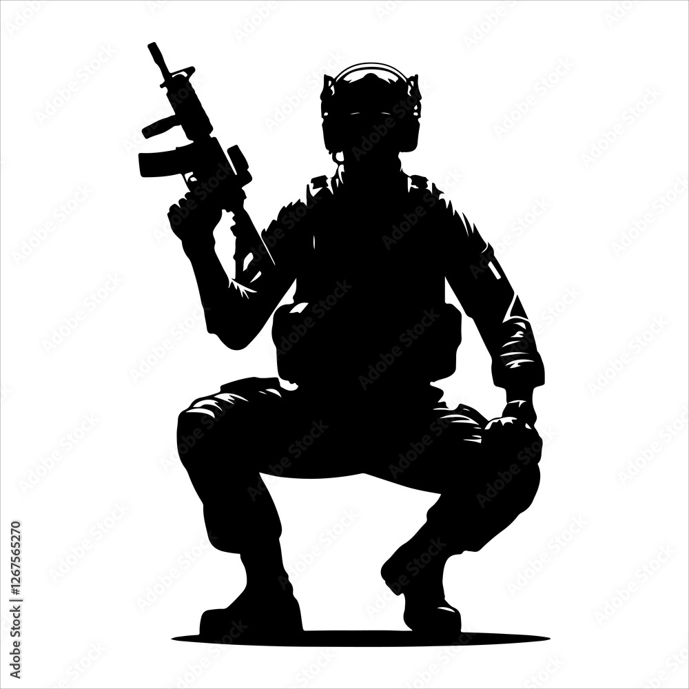 Soldier silhouette vector. Silhouette of army military with machine guns vector Soldier silhouette vector. Silhouette of army military with machine guns vector
