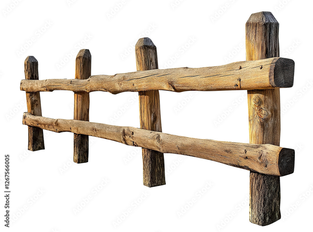 Obraz premium Rustic wooden fence made of natural logs, isolated on transparent cutout background