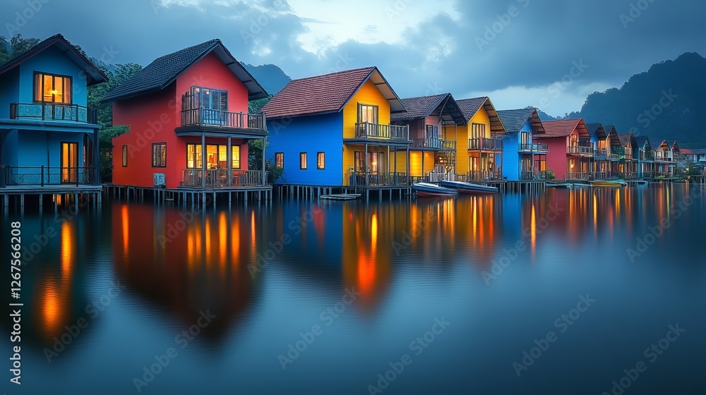Fototapeta premium Colorful houses along the water reflecting in the calm lake during twilight in a serene location