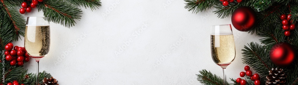 Fototapeta premium Festive Christmas Decoration with Champagne Flutes, Pine Branches, Red Ornaments, and Berries on White Background