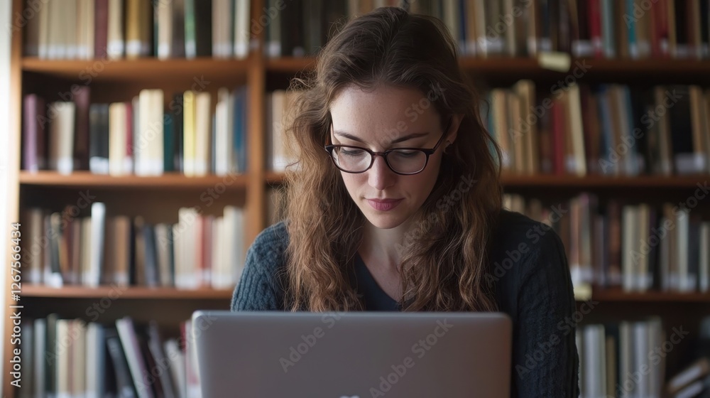 Focused Woman Working on Laptop in Library Focused Woman Working on Laptop in Library