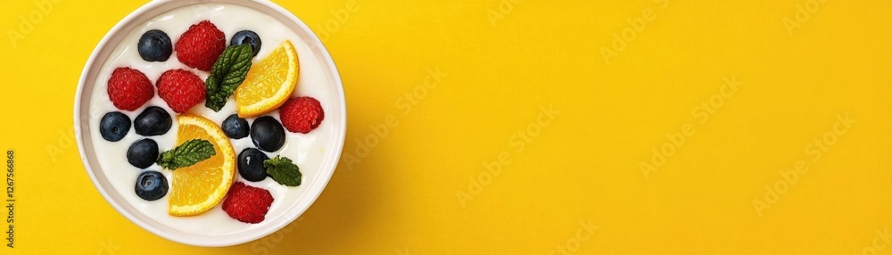 Fresh Yogurt Bowl with Mixed Berries and Citrus Slices on Bright Yellow Background Fresh Yogurt Bowl with Mixed Berries and Citrus Slices on Bright Yellow Background