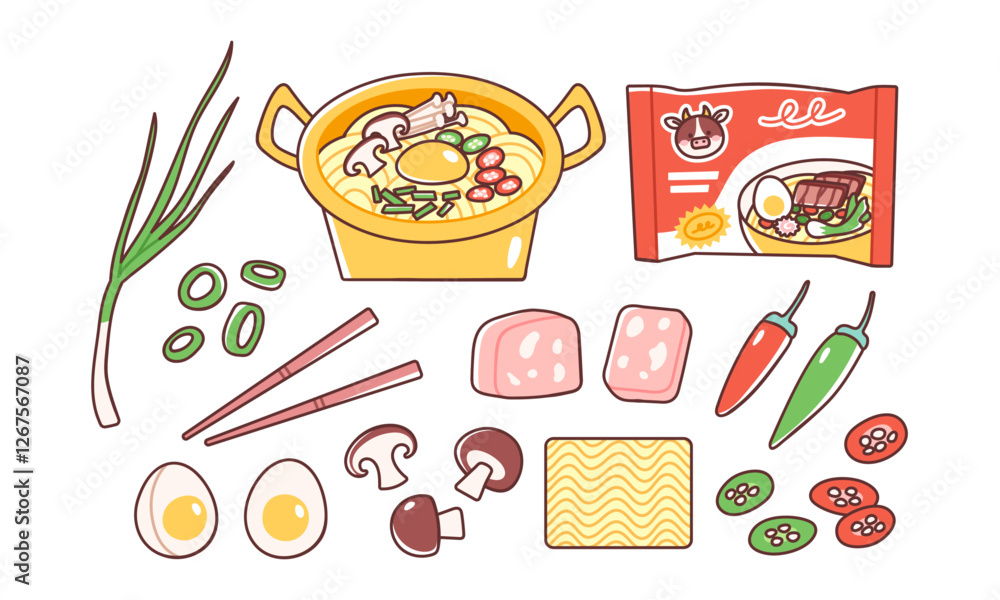 Golden pot of cooked instant ramen and ingredients one can add to it, like scallions, chili, ham, eggs. Vector illustration of tasty Asian noodles for dinner. Isolated elements on white background. 