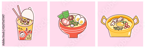 Set of instant cup noodles, ramen in a bowl and ramen in a pot. Vector illustration of Asian noodle dishes with eggs, mushrooms, scallions. Colorful and trendy flat style.