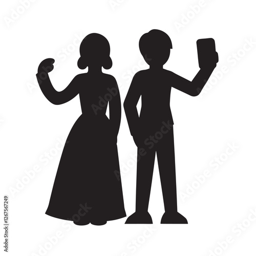 Continuous one line drawing of two friends, boy and girl taking selfies with smartphone. Editable stroke. Vector illustration.