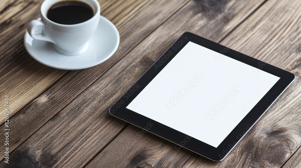Minimalist Workspace with Coffee and Tablet Minimalist Workspace with Coffee and Tablet