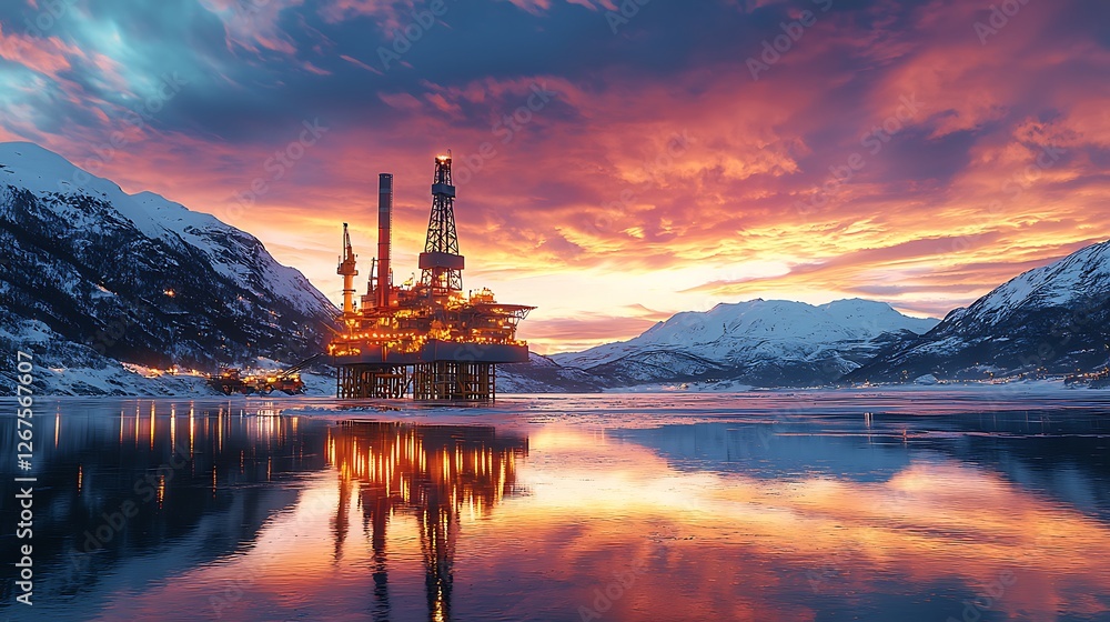 custom made wallpaper toronto digitalOffshore oil rig at sunset, snowy mountains, fjord reflection, energy industry