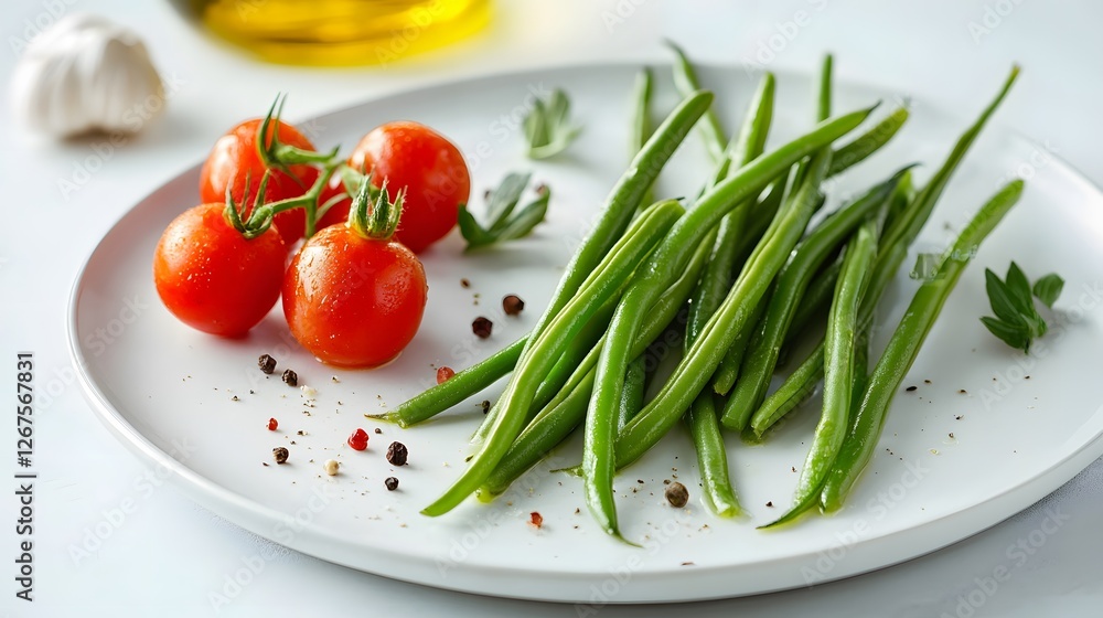 Fresh Green Beans and Cherry Tomatoes on White Plate with Olive Oil Fresh Green Beans and Cherry Tomatoes on White Plate with Olive Oil