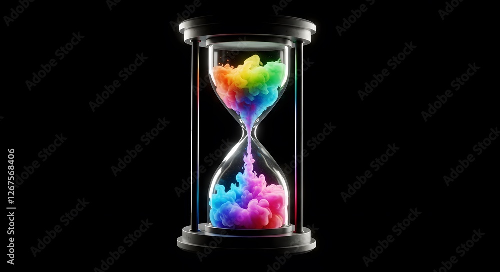 Fototapeta premium Colorful Hourglass: Time Flies with Rainbow Smoke on Black Background