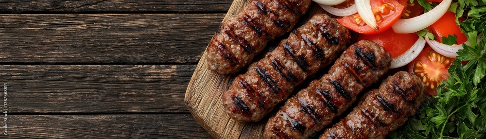 Grilled Skewered Meat with Fresh Vegetables on Wooden Table for Summer Picnic and Barbecue Feast Grilled Skewered Meat with Fresh Vegetables on Wooden Table for Summer Picnic and Barbecue Feast