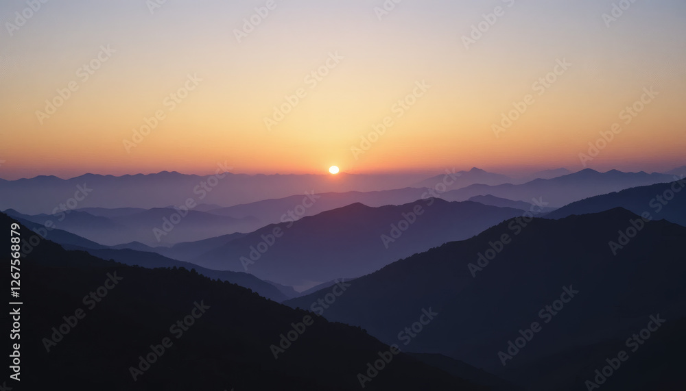 Subtle pastel sunset hues fading over a mountain range, blending gold, soft violet, and pale blue colors.