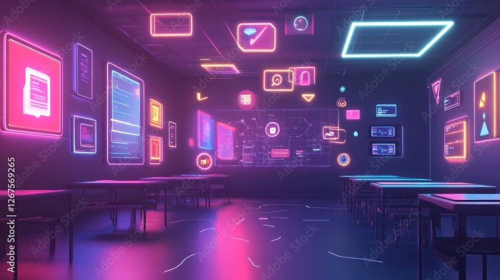 Neon classroom, digital interface, futuristic learning, glowing icons, interactive lesson Neon classroom, digital interface, futuristic learning, glowing icons, interactive lesson