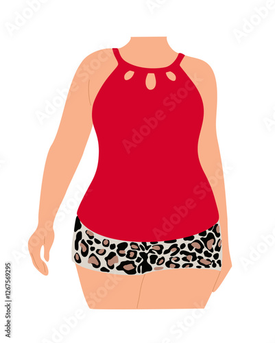 Plus size curvy Woman in modern swimsuit. Beach underwear. Body positive, fat acceptance, lifestyle, fashion concept. Vector colorful illustration isolated on transparent background.