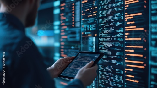 Engineer Energy Tablet concept. Engineer Inspecting Energy Grid Performance on a Tablet Device