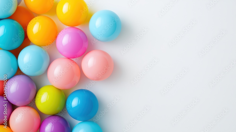 Multicolored plastic balls scattered on a light surface, creating a vibrant and playful atmosphere. Multicolored plastic balls scattered on a light surface, creating a vibrant and playful atmosphere.