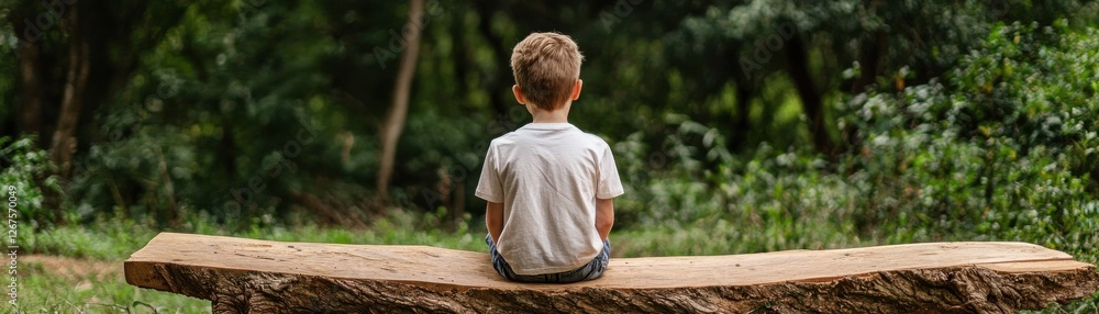 Thoughtful Boy Sitting Alone on Wooden Bench Surrounded by Lush Green Nature in a Peaceful Outdoor Setting Thoughtful Boy Sitting Alone on Wooden Bench Surrounded by Lush Green Nature in a Peaceful Outdoor Setting