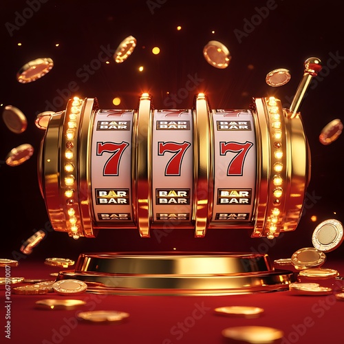 Vintage 777 Slot Machine on Red Stage