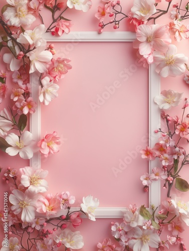 Flores de primavera sobe fondo rosa con un marco, con copy space