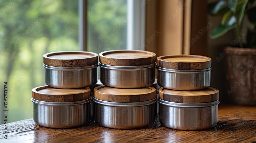 Stacked stainless steel containers with bamboo lids on wooden table, near window Stacked stainless steel containers with bamboo lids on wooden table, near window