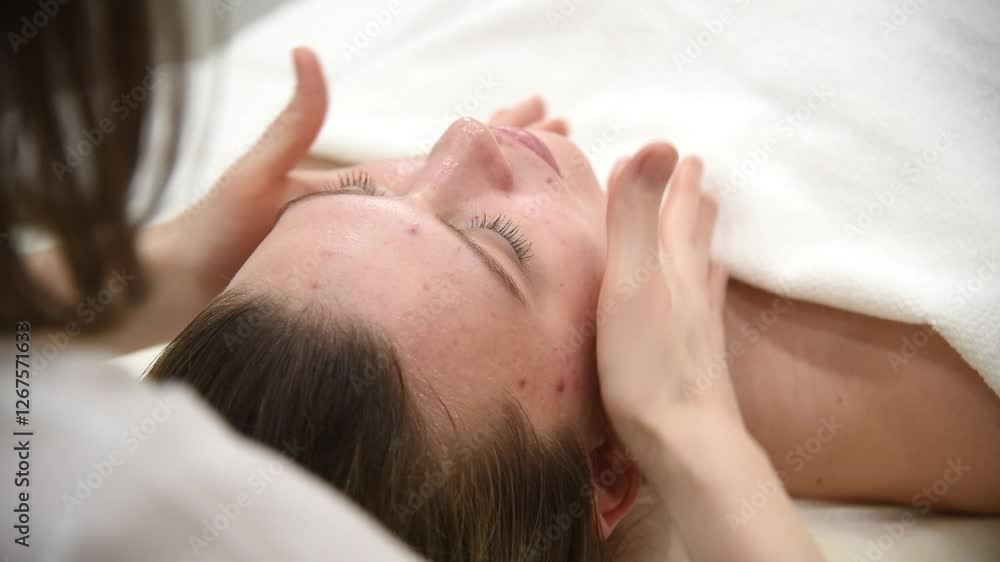 face massage, young attractive caucasian woman, beautiful relaxed lady with problem skin and red inflammations, white towel, spa therapist doing facial massage in beauty salon, skincare concept face massage, young attractive caucasian woman, beautiful relaxed lady with problem skin and red inflammations, white towel, spa therapist doing facial massage in beauty salon, skincare concept